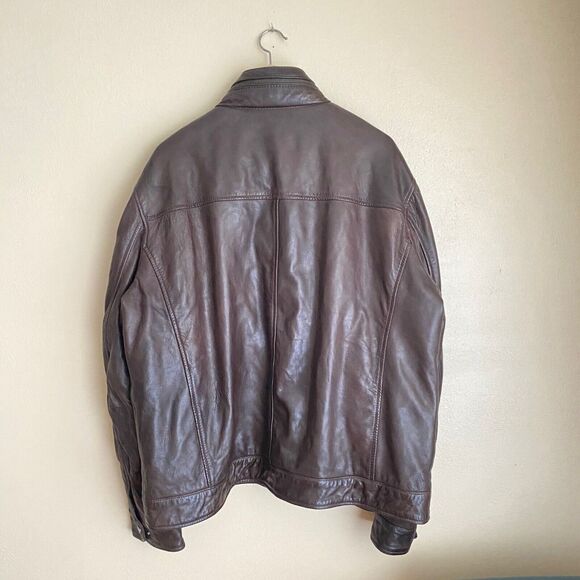 BH Vintage XXL Leather Men's Coat Brown Collar Hood Pockets Snaps And Zipper - Picture 3 of 8